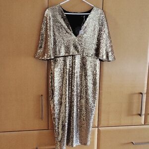 NWT ASOS (Club L) Gold Sequin Cape Dress